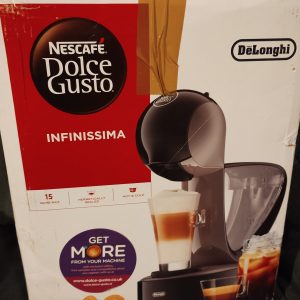 Dolce Gusto Infinissima coffee machine box, which is slightly damaged and has tape on it